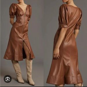 By Anthropologie Brown Faux Leather Puff Sleeve Zip Up Front Midi Dress 12